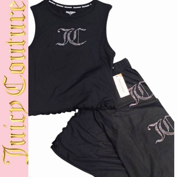 Juicy Couture JC Rhinestone Logo Ribbed Tank & Pants PJ Set- Black - Picture 1 of 8
